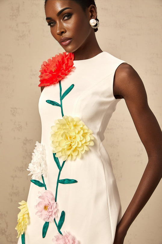 Hazel White Mini Dress with 3D Petal Detailing and A-line Silhouette
