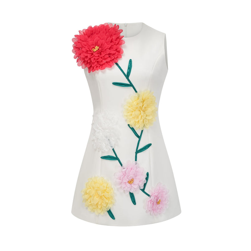 Hazel White Sleeveless A-Line Mini Dress with 3D Petal Detailing