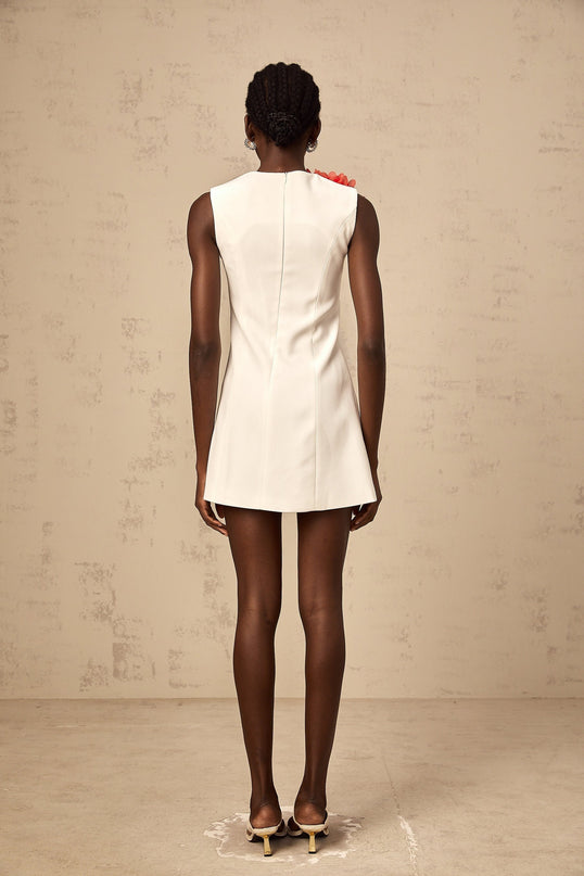 Hazel White Sleeveless A-Line Mini Dress with 3D Petal Detailing