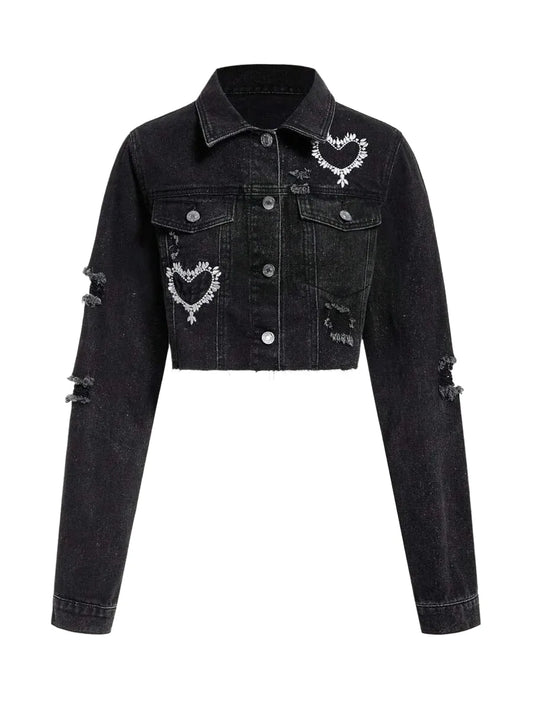 Heart Embroidery Ripped Raw Hem Denim Jacket