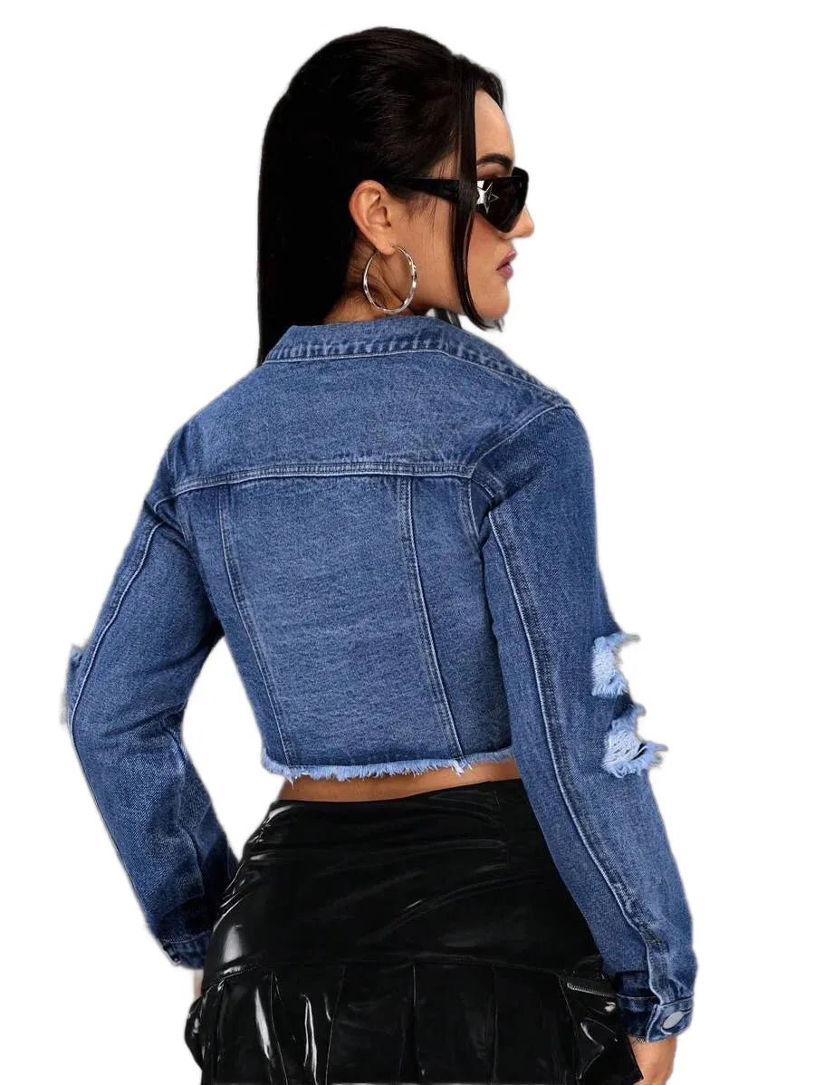 Heaven Cropped Denim Jacket with Distressed Edges in Blue - Blue