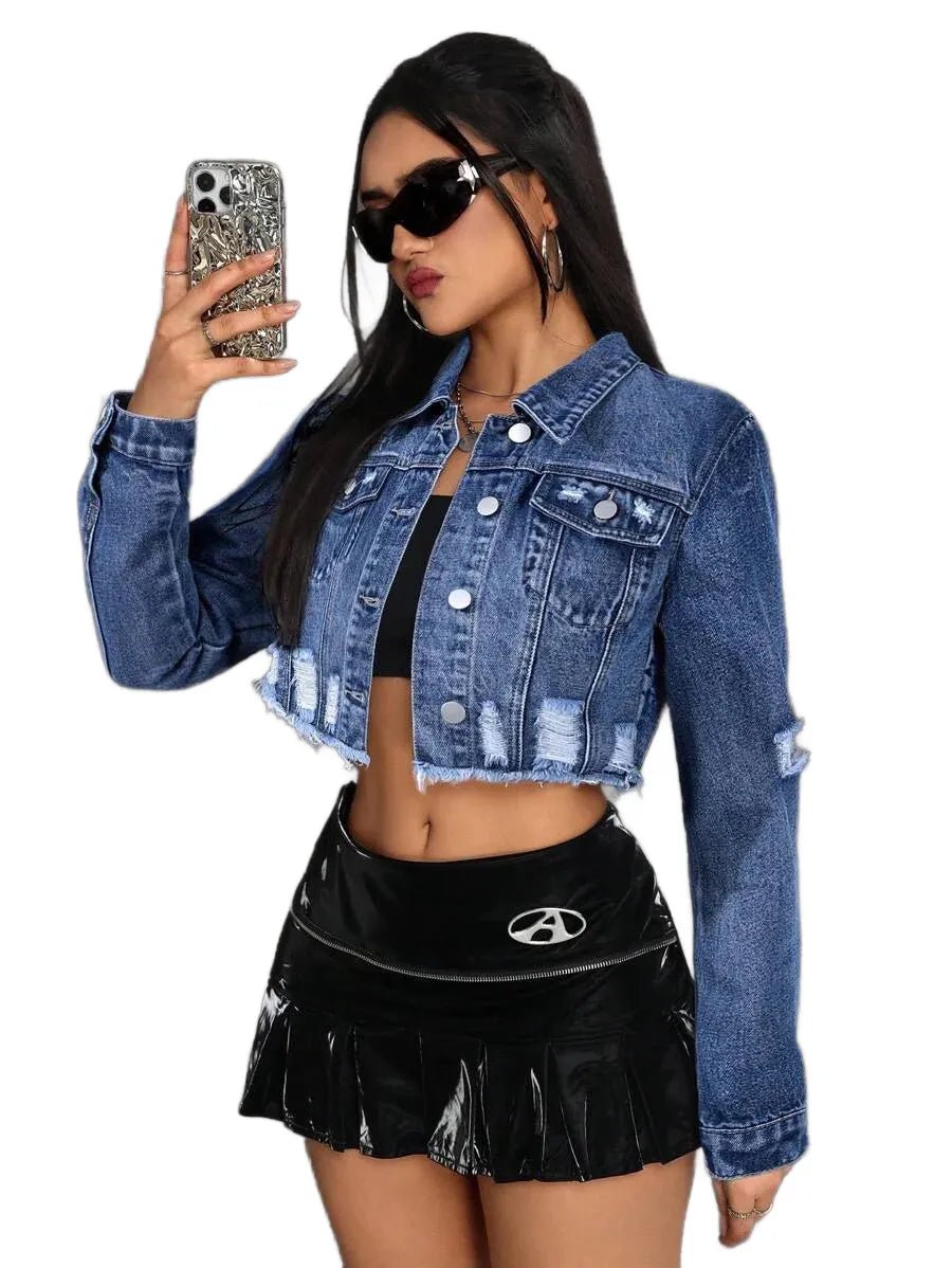 Heaven Cropped Denim Jacket with Distressed Edges in Blue - Blue