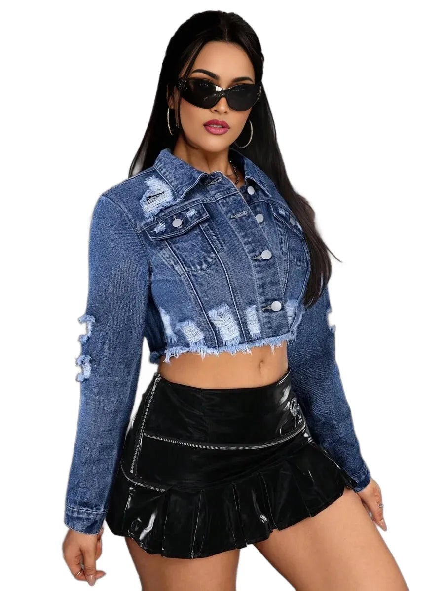Heaven Cropped Denim Jacket with Distressed Edges in Blue - Blue