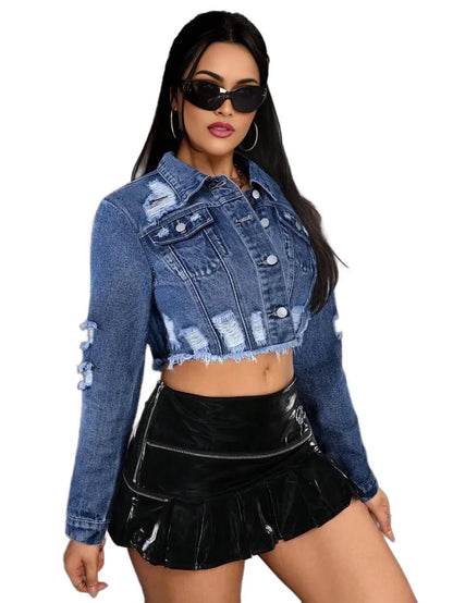 Heaven Cropped Denim Jacket with Distressed Edges in Blue - Blue