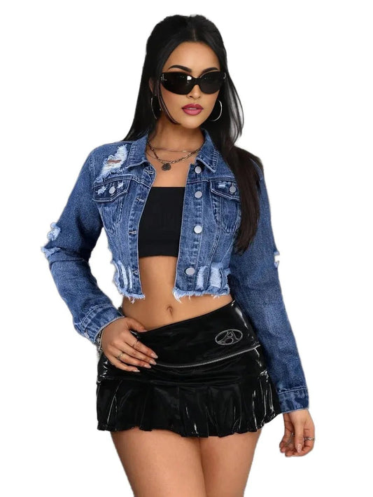 Heaven Cropped Denim Jacket with Distressed Edges in Blue - Blue
