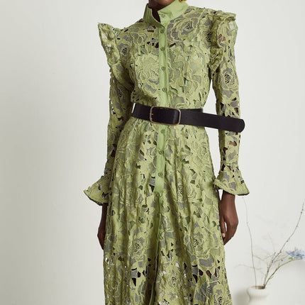 Heaven Green Floral Embroidered Midi Dress with Belted Waist and Cut-Out Detail