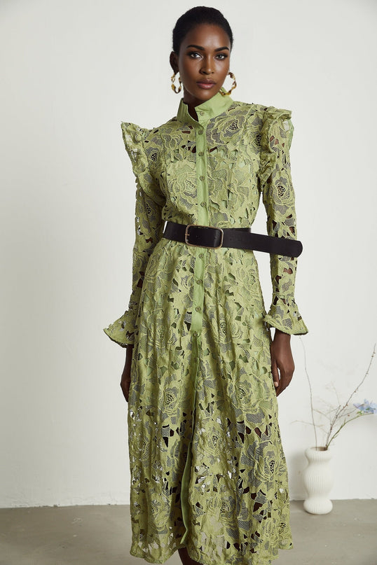 Heaven Green Floral Embroidered Midi Dress with Belted Waist and Cut-Out Detail