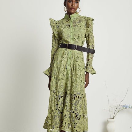 Heaven Green Floral Embroidered Midi Dress