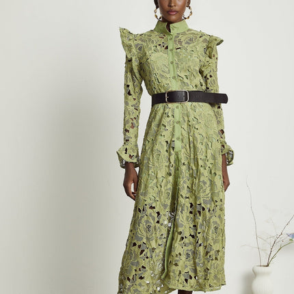 Heaven Green Floral Midi Dress Embroidered Belted Waist Button Fastening Terylene Composition Special Occasion