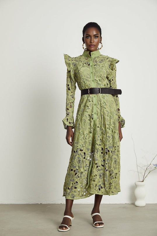 Heaven Green Floral Midi Dress Embroidered Belted Waist Button Fastening Terylene Composition Special Occasion