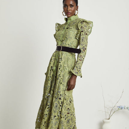 Heaven Green Floral Midi Dress Embroidered Belted Waist Button Fastening Terylene Composition