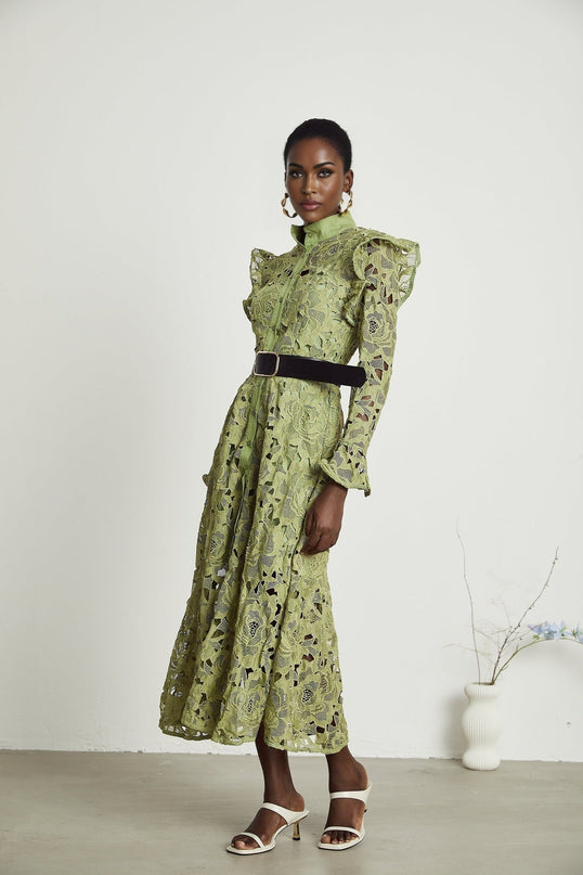 Heaven Green Floral Midi Dress Embroidered Belted Waist Button Fastening Terylene Composition