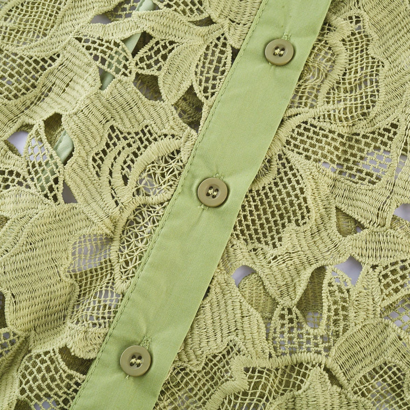 Heaven Green Floral Midi Dress Embroidered Belted Waist Button Fastening Terylene Composition