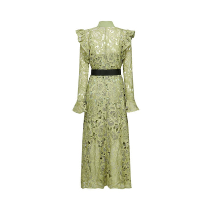 Heaven Green Floral Midi Dress Embroidered Belted Waist Button Fastening Terylene Composition