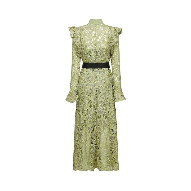 Heaven Green Floral Midi Dress Embroidered Belted Waist Button Fastening Terylene Composition