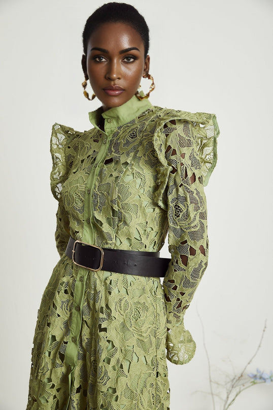 Heaven Green Floral Midi Dress embroidered crew neck belted waist cut-out detail button fastening Terylene composition luxurious internal slip dress special occasion
