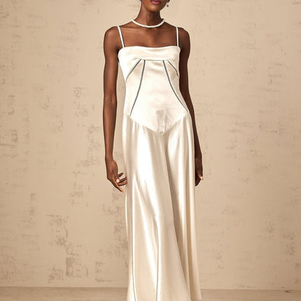 Heaven Maxi Dress in Ivory White with Corset Bodice and Satin Skirt