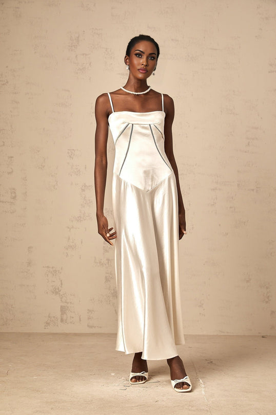 Heaven Maxi Dress in Ivory White with Corset Bodice and Satin Skirt