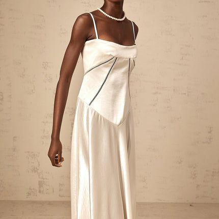 Heaven Maxi Dress in Ivory White with Corset Bodice and Satin Skirt