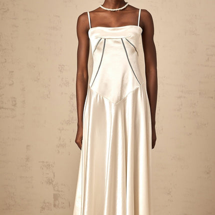 Heaven Maxi Dress in Ivory White with Corset Bodice and Flared Satin Skirt