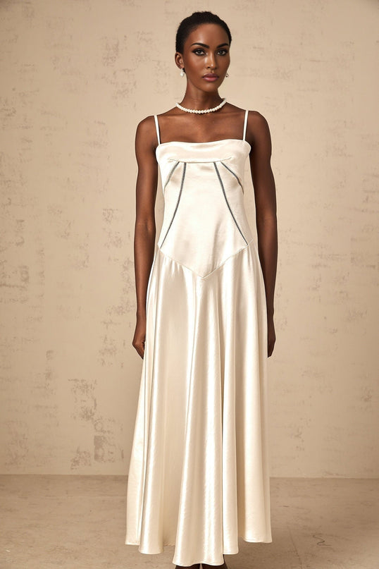 Heaven Maxi Dress in Ivory White with Corset Bodice and Flared Satin Skirt