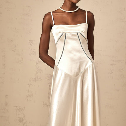 Heaven Maxi Dress in Ivory White with Corset Bodice and Satin Skirt