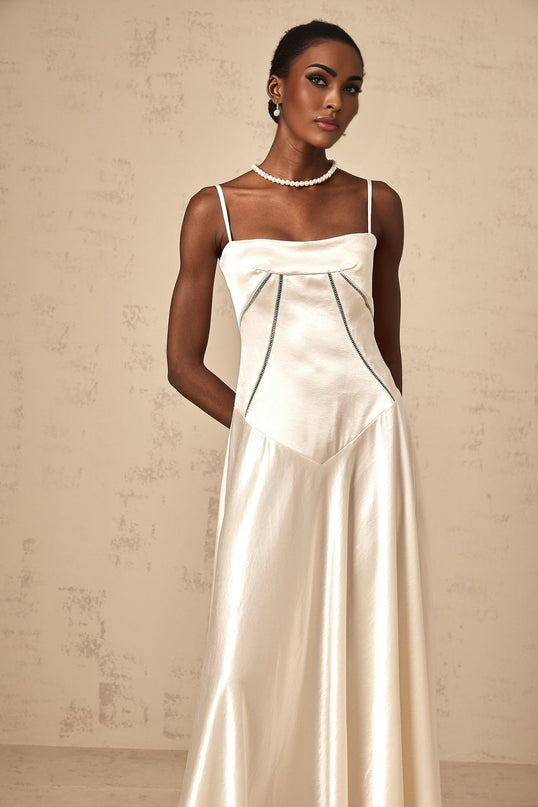 Heaven Maxi Dress in Ivory White with Corset Bodice and Satin Skirt