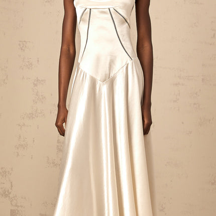 Heaven Maxi Dress in Ivory White Satin Corset Style with Spaghetti Straps and Lace-Up Fastening