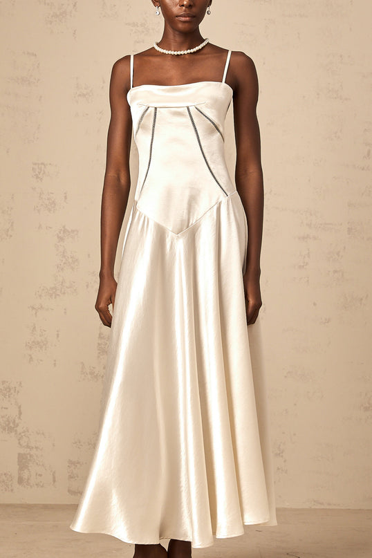 Heaven Maxi Dress in Ivory White Satin Corset Style with Spaghetti Straps and Lace-Up Fastening