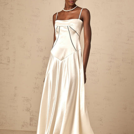 Heaven Maxi Dress in Ivory White Terylene Fiber Corset Style Satin Skirt Hollow Detailing Spaghetti Straps Lace-Up Fastening Ankle-Length
