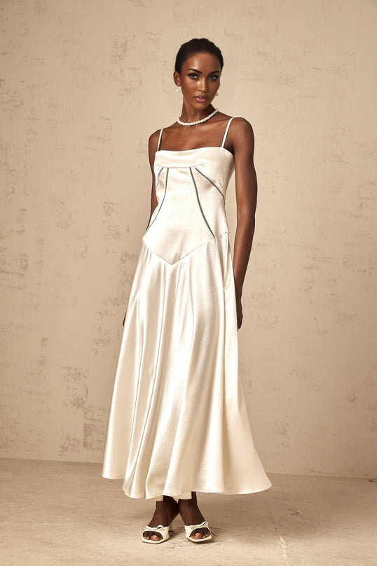 Heaven Maxi Dress in Ivory White Terylene Fiber Corset Style Satin Skirt Hollow Detailing Spaghetti Straps Lace-Up Fastening Ankle-Length