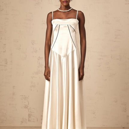 Heaven Maxi Dress in Ivory White with Corset Bodice and Satin Skirt