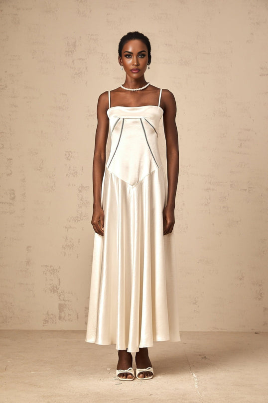 Heaven Maxi Dress in Ivory White with Corset Bodice and Satin Skirt