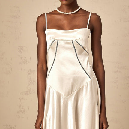 Heaven Maxi Dress in Ivory White with Corset Bodice and Satin Skirt