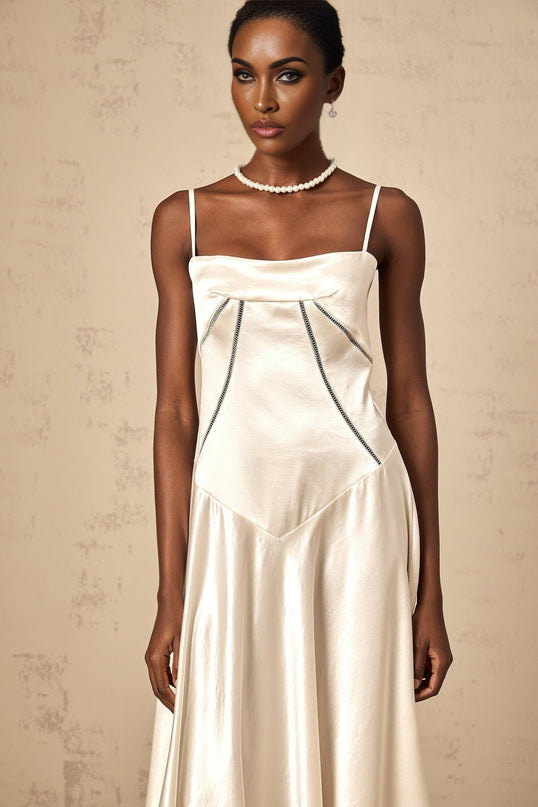 Heaven Maxi Dress in Ivory White with Corset Bodice and Satin Skirt