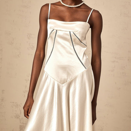 Heaven Maxi Dress in Ivory White Terylene Fiber Satin Skirt Corset Bodice Hollow Detailing Spaghetti Straps Lace-up Fastening Ankle-length