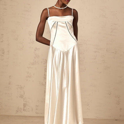 Heaven Maxi Dress in Ivory White satin corset bodice spaghetti straps lace-up ankle-length Terylene fiber luxury sophistication