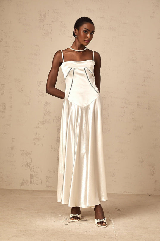 Heaven Maxi Dress in Ivory White satin corset bodice spaghetti straps lace-up ankle-length Terylene fiber luxury sophistication