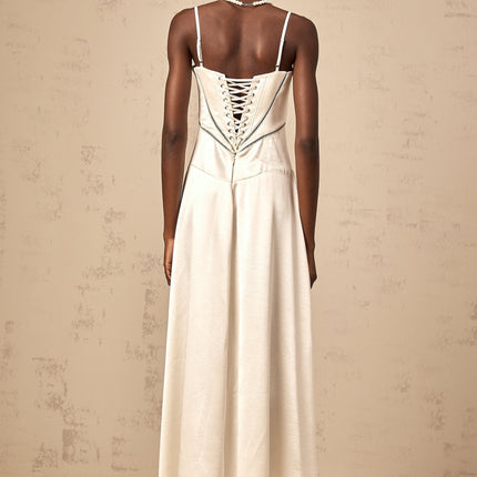 Heaven Maxi Dress in Ivory White Terylene Fiber Corset Style Satin Skirt