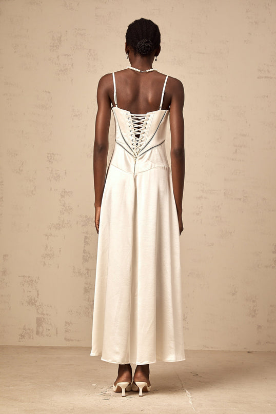 Heaven Maxi Dress in Ivory White Terylene Fiber Corset Style Satin Skirt