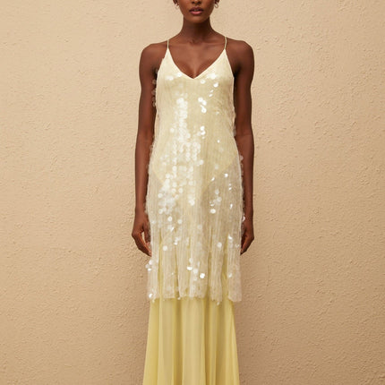 Heaven Yellow Sequin Mesh Halterneck Maxi Dress with Open Back and Asymmetrical Hem