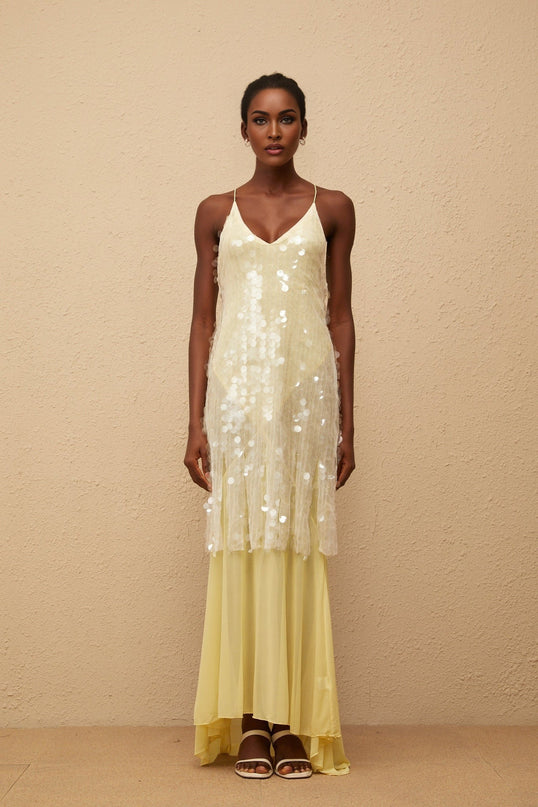 Heaven Yellow Sequin Mesh Halterneck Maxi Dress with Open Back and Asymmetrical Hem