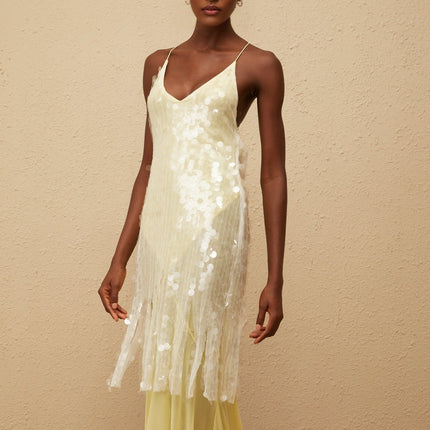 Heaven Yellow Sequin Mesh Maxi Dress with Open Back and Pleated Hem