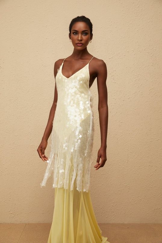 Heaven Yellow Sequin Mesh Maxi Dress with Open Back and Pleated Hem