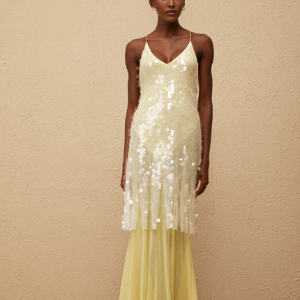 Heaven Yellow Sequin Mesh Maxi Dress with Open Back and Pleated Detailing