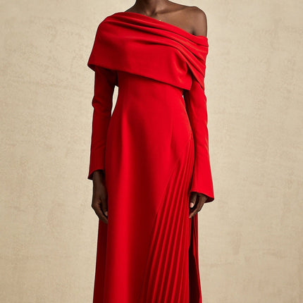 Heaven Red Maxi Dress with Asymmetric Neckline and High Slit