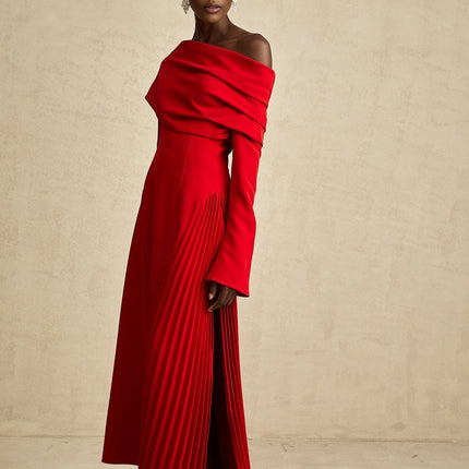 Heaven Red Maxi Dress with Asymmetric Neckline and High Slit