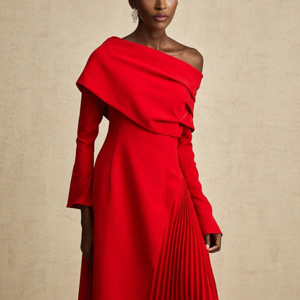 Heaven Red Maxi Dress with Asymmetric Neckline and High Slit