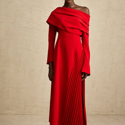 Heaven Red Maxi Dress with Asymmetric Neckline and High Slit