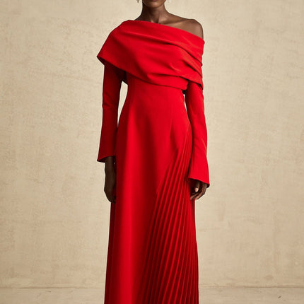 Heaven Red Maxi Dress with Asymmetric Neckline and High Slit